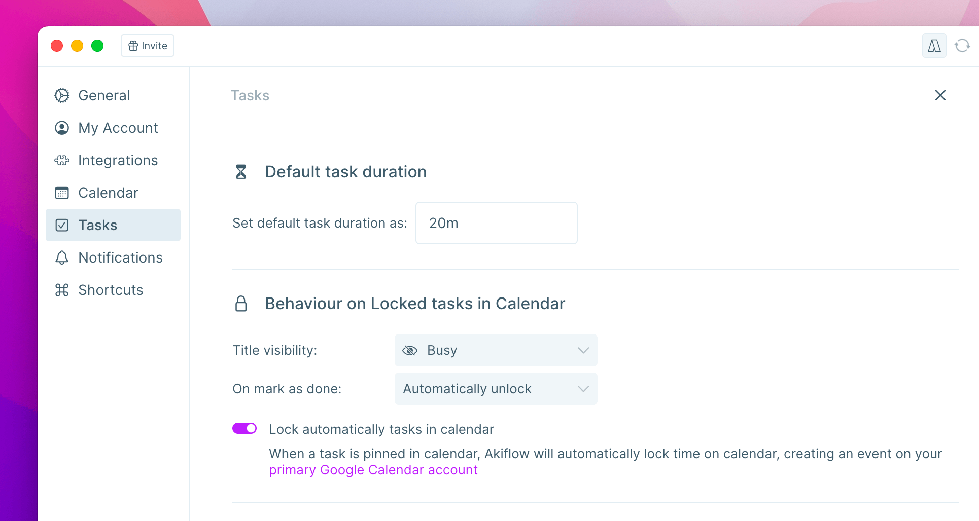 Lock tasks in calendars settings