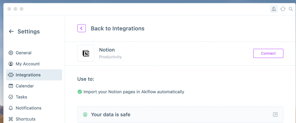 Notion integration to Akiflow not connected 