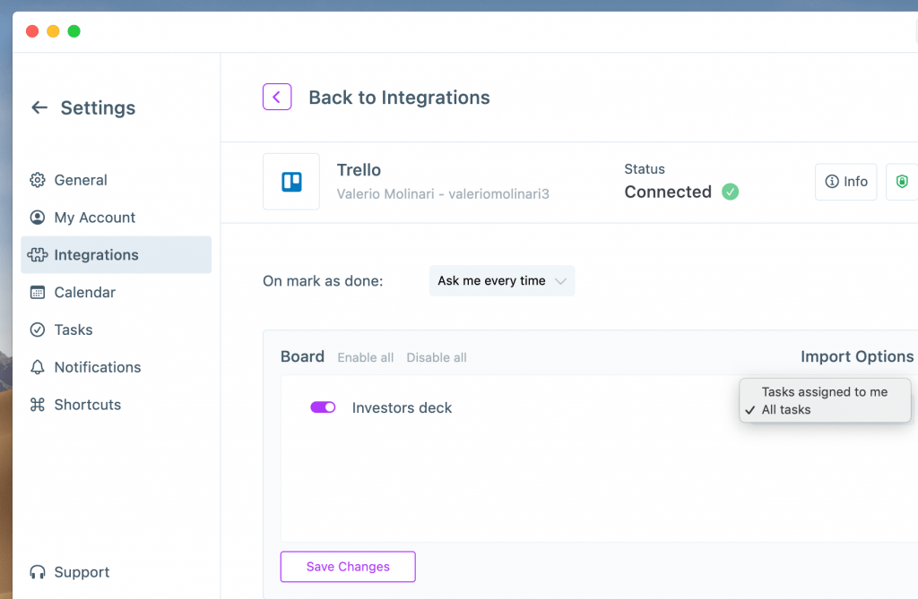 Akiflow Trello Integration Settings