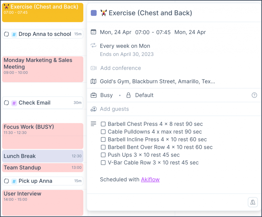 A detailed view of exercise with checklist (Akiflow)
